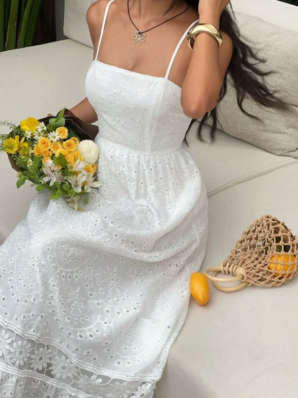 White Boho Women's Slim-Fit Double Shoulder Strap Strapless Dress